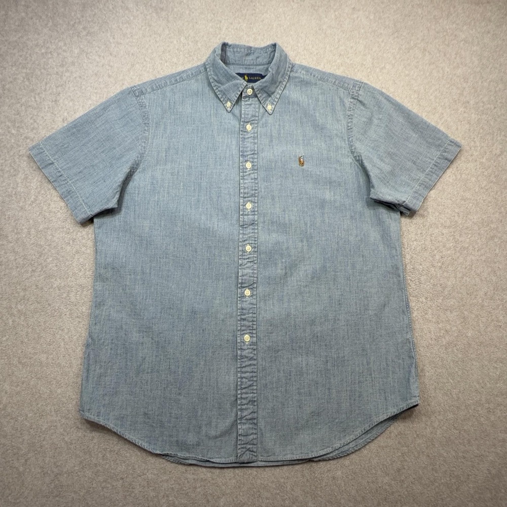Ralph Lauren Chambray Shirt Mens Large Blue Short Sleeve Button Front Cotton